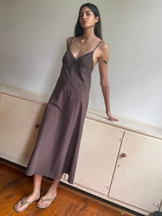 Deiji Studios Dresses & Skirts - Women’s Brown Midi Slip Dress with Spaghetti Straps